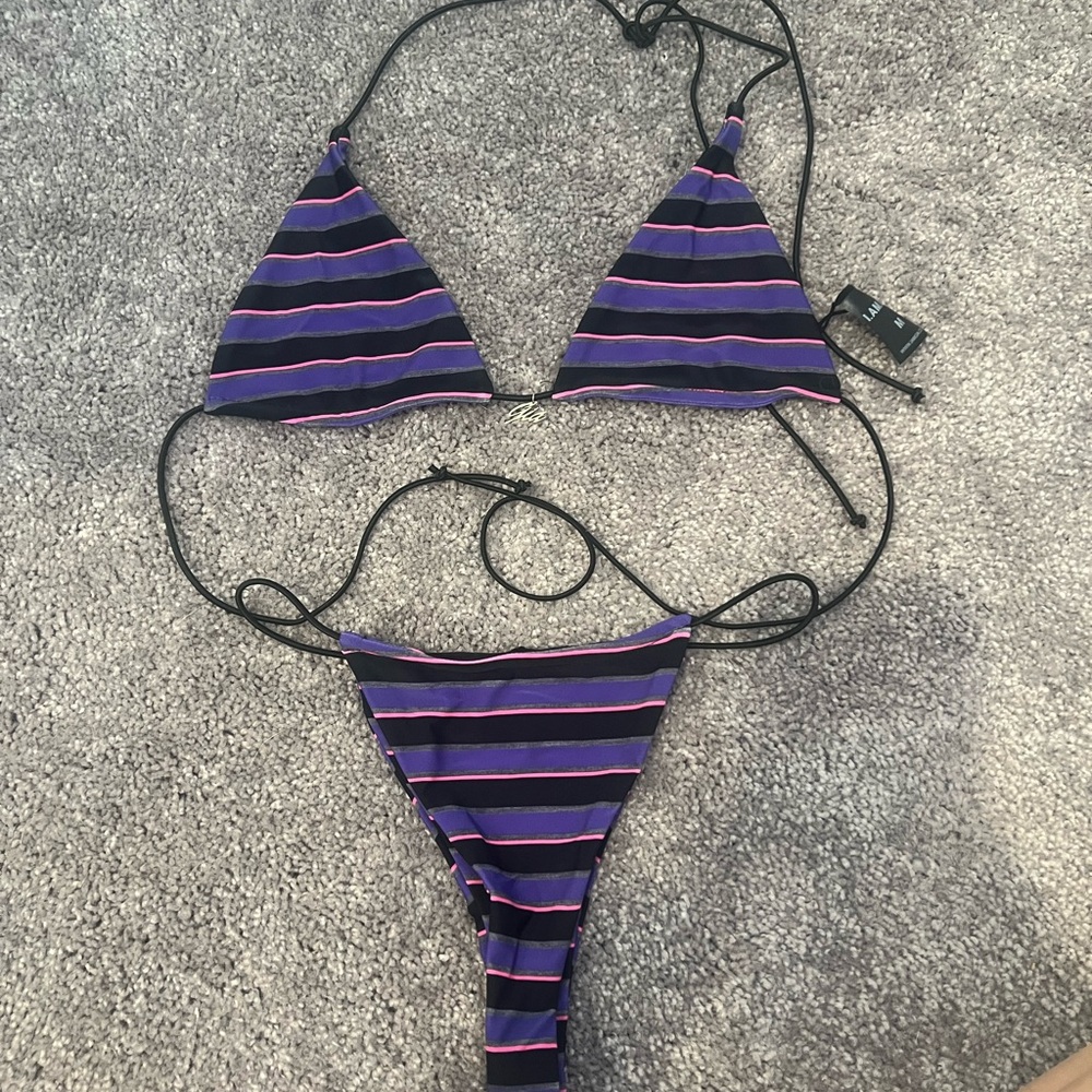 I.AM.GIA Striped Bikini in Purple and Pink XS bottom, M top.